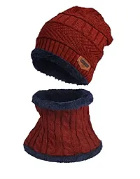 Airproof Mens Woolen Knitted Cap with Neck Muffler/Neckwarmer (Free Size) Maroon-thumb1