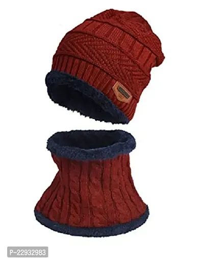 Airproof Mens Woolen Knitted Cap with Neck Muffler/Neckwarmer (Free Size) Maroon-thumb2