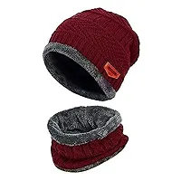 Airproof Mens Woolen Knitted Cap with Neck Muffler/Neckwarmer (Free Size) Maroon-thumb2