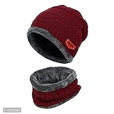 Airproof Mens Woolen Knitted Cap with Neck Muffler/Neckwarmer (Free Size) Maroon-thumb3