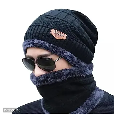 Airproof Mens Woolen Knitted Cap with Neck Muffler/Neckwarmer (Free Size) Black-thumb0