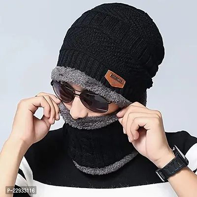 Airproof Mens Woolen Knitted Cap with Neck Muffler/Neckwarmer (Free Size) Black-thumb3