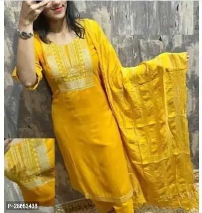 Stylish Yellow Rayon Self Pattern Kurta, Bottom and Dupatta Set For Women-thumb0