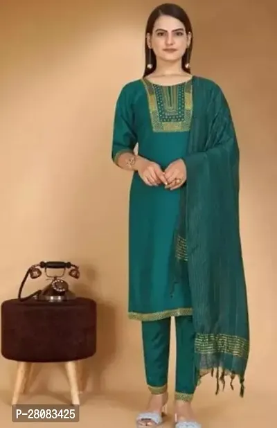 Stylish Green Rayon Self Pattern Kurta, Bottom and Dupatta Set For Women-thumb0