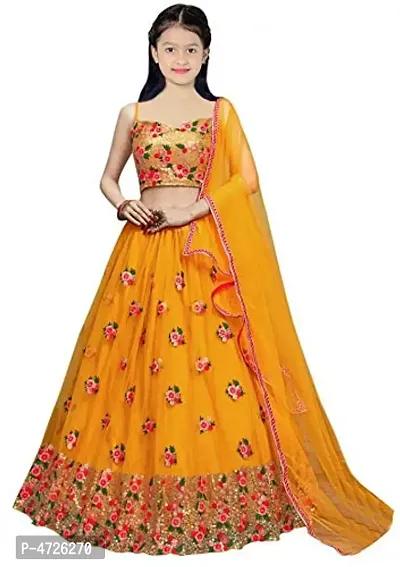 Harshiv Creation Girls New Yellow Flower Embroidered Wedding Wear Lehenga Choli_(Suitable To 3-15 Years Girls)_Free Size