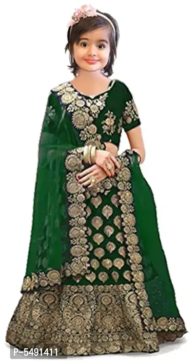 Harshiv Creation Green Taffeta Satin Heavy Embroidered Girls Wedding Wear Lehenga Choli_(Suitable To 3-15 Years Girls)Free Size