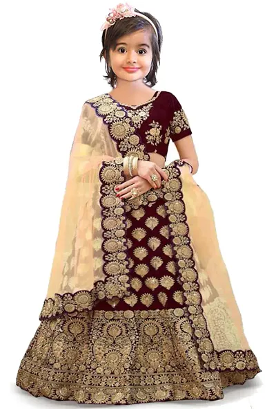 Harshiv Creation Taffeta Satin Heavy Embroidered Girls Wedding Wear Semi Stitched Lehenga Choli_(Comfortable To 3-15 Years Girls)Free Size