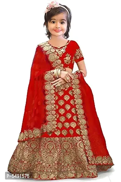 Kids Satin Semi Stitched Lehenga Choli Dupatta Set For Girls