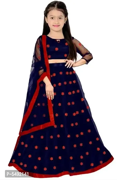 Harshiv Creation Blue Net Simple Embroidered Girls Party Wear Semi Stitched Lehenga Choli_(Suitable To 3-15 Years Girls)-thumb0