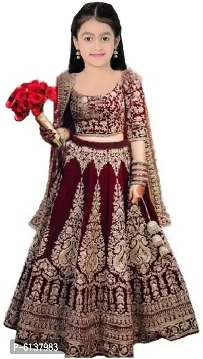 Maroon Silk Embroidered Girls Party Wear Semi Stitched Lehenga Choli_(Comfortable To 3-15 Years Girls)Free Size.