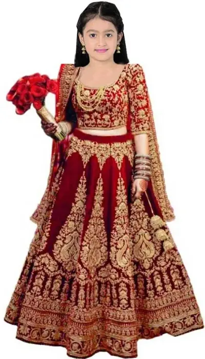 Tranditional Velvet Embroidered Semi Stitched Lehenga Cholis With Dupatta For Baby Girls