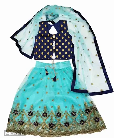 Sky Blue Net Flower Embroidered Girls Full Stitched Wedding Wear Lehenga Choli_(Suitable To 3-8 Years Girls)