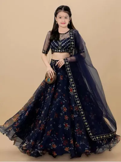 Stylish Net Embellished Lehenga, Choli And Dupatta Set For Girls