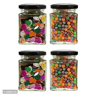 Machak Square Glass Jar 250 ml With Airtight Lid For Kitchen Storage, Black (4 Pieces)-thumb0