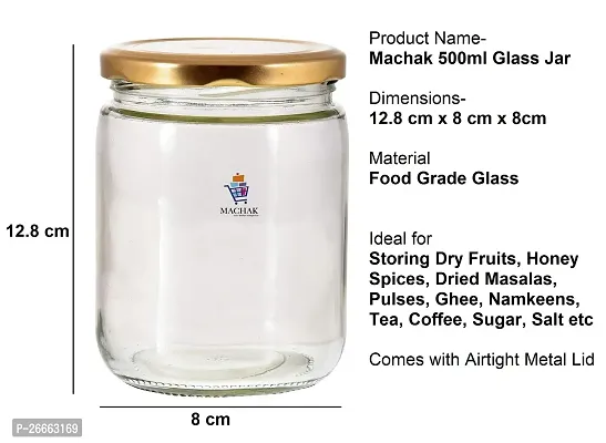 MACHAK Kitchen Storage Glass Jar With Air Tight Golden Metal Cap, 500 Gms, Clear (Set of 6)-thumb2