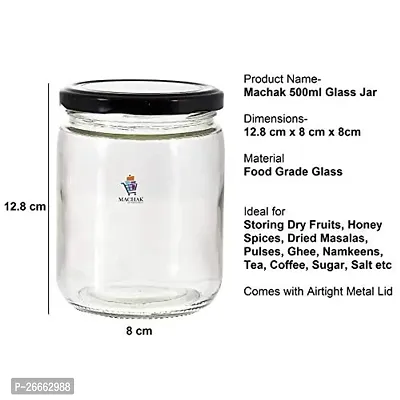 Machak Kitchen Storage Glass Jar For Kitchen With Air Tight Black Cap, 500ml , Clear (Set of 12)-thumb2