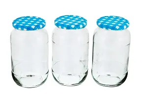 MACHAK Big Glass Jars For Kitchen Storage 1kg, Blue Check Lids (Set of 4)-thumb3