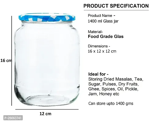 MACHAK Big Kitchen Storage Glass Jar and Container Airtight Blue Check Lid, 1400ml (Set of 3)-thumb3