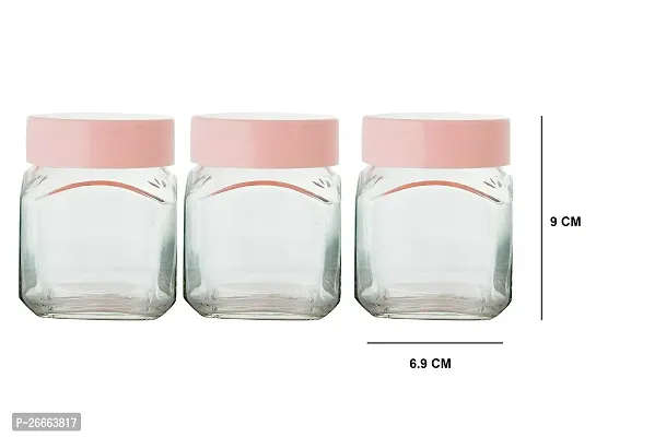 Machak Cube Glass Storage Jar With Plastic Cap, 250ml (Set of 3,Pink)-thumb3