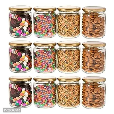 Machak Kitchen Storage Glass Jar with Rust Proof Air Tight Golden Cap, 500 GMS, Clear (Set of 12)-thumb0