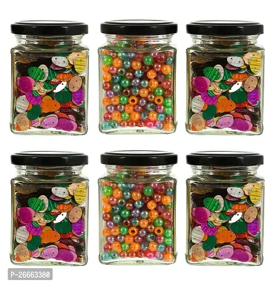 MACHAK Square Glass Jar 250 ml With Airtight Lid For Kitchen Storage, Black (6 Pieces)