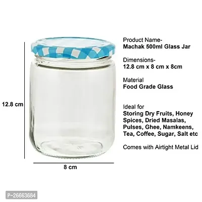 Machak Glass Jars For Kitchen Storage 500ml, Airtight , Blue Check Lids (10 Pieces)-thumb4