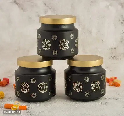 MACHAK Printed Round Glass Jar Set for Kitchen Storage with Golden Lid 600 ml |Set of 3 | (Black)