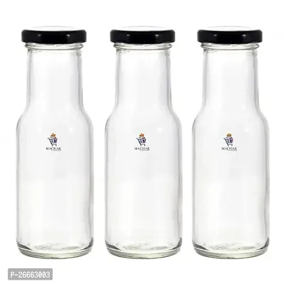 Machak 200 ml Glass Bottles for Milk, Juice with Rust Proof  Airtight Black Cap (Set of 3)