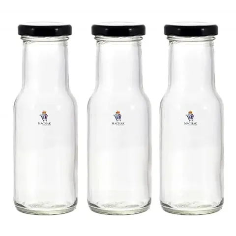 Machak 200 ml Glass Bottles for Milk, Juice with Rust Proof  Airtight Black Cap (Set of 3)