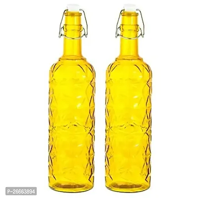 Machak Flower Crysta Glass Water Bottle For Kitchen, Home Decoration, 1 ltr (Pack of 2, Yellow)