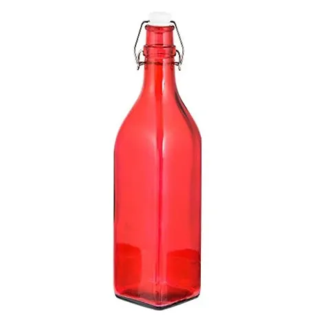 Machak Square Glass Bottles With Cork 1litre, Kitchen Decoration (Set of 1, Red)