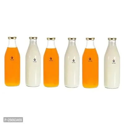 Machak Milk, Water and Juice Glass Bottle with Lid, 1 Litre, Clear (Set of 6)