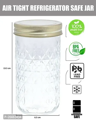 MACHAK Rhombus Cut Round Glass Jars For Kitchen With Wide Mouth Metal Lid, 350 ml (Set of 4)-thumb2