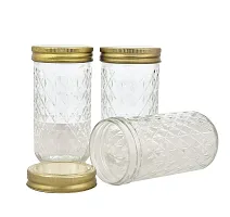 MACHAK Rhombus Cut Round Glass Jars For Kitchen With Wide Mouth Metal Lid, 350 ml (Set of 4)-thumb2