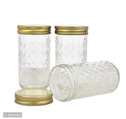 MACHAK Rhombus Cut Round Glass Jars For Kitchen With Wide Mouth Metal Lid, 350 ml (Set of 4)-thumb3