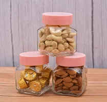 Machak Cube Glass Storage Jar With Plastic Cap, 250ml (Set of 3,Pink)-thumb3