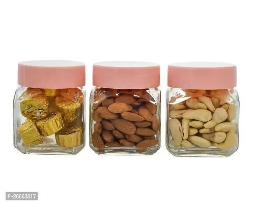 Machak Cube Glass Storage Jar With Plastic Cap, 250ml (Set of 3,Pink)-thumb0