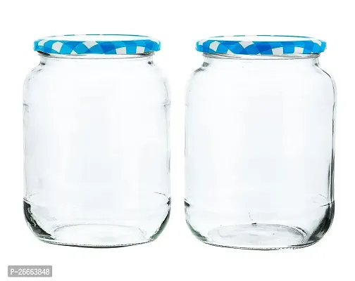 MACHAK Big Kitchen Storage Glass Jar and Container Airtight Blue Check Lid, 1400ml (Set of 2)-thumb0