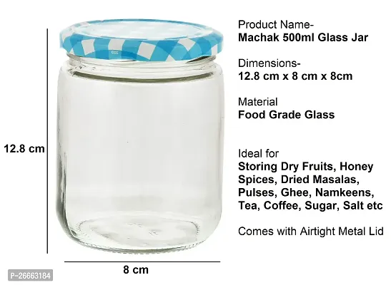 MACHAK Glass Jars For Kitchen Storage 500ml, Airtight, Blue Check Lids (6 Pieces)-thumb4