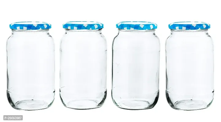 MACHAK Big Glass Jars For Kitchen Storage 1kg, Blue Check Lids (Set of 4)