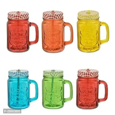 Machak Mason Glass Jar Mug With Handle 500ml - Multicolor (6 Pieces)-thumb0