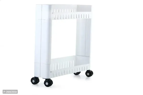 Slings Plastic Slim Rack Shelf Storage Organizer with Wheels, White (2 Layer)-thumb2