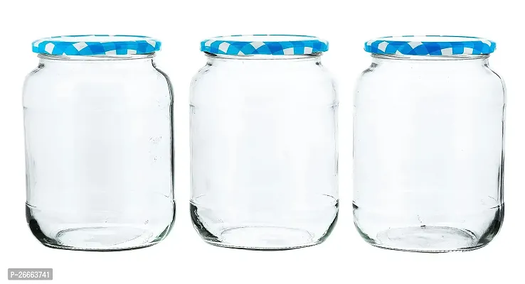 MACHAK Big Kitchen Storage Glass Jar and Container Airtight Blue Check Lid, 1400ml (Set of 3)-thumb0