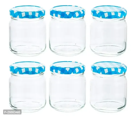 MACHAK Round Glass Jar For Kitchen Storage Airtight Set of 6, 200ml, With Blue Lid-thumb0