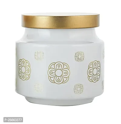 MACHAK Rejoice Printed Round Glass Jar Set For Kitchen Storage With Golden Lid 600 ml,White