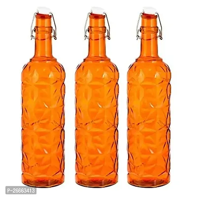 Machak Flower Crysta Glass Water Bottle For Kitchen, Home Decoration, 1 ltr (Pack of 3, Orange)