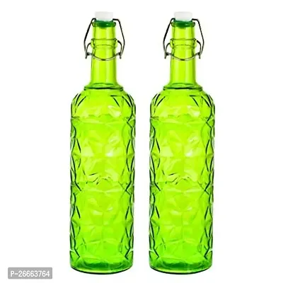 Machak Flower Crysta Glass Water Bottle For Kitchen, Home Decoration, 1 ltr (Pack of 2, Green)