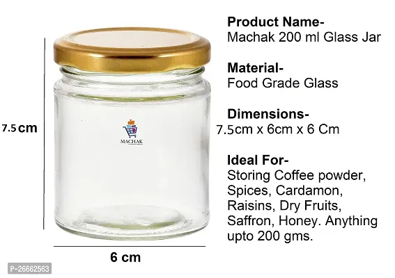 MACHAK Round Glass Jar Set of 4, Glass Container for Storage With Golden Color Lid, 200ml, Clear-thumb2