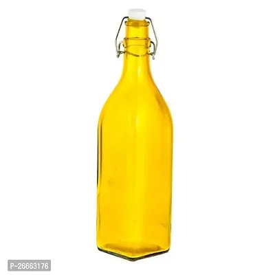 Machak Square Glass Bottles With Cork 1litre, Kitchen Decoration (Set of 1, Yellow)