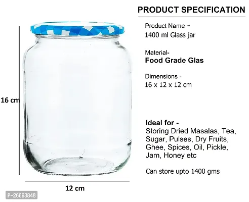 MACHAK Big Kitchen Storage Glass Jar and Container Airtight Blue Check Lid, 1400ml (Set of 2)-thumb3